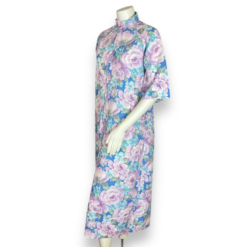 Vintage Handmade Housedress Floral Dress Purple Blue Zip-Front Stand-Up Collar